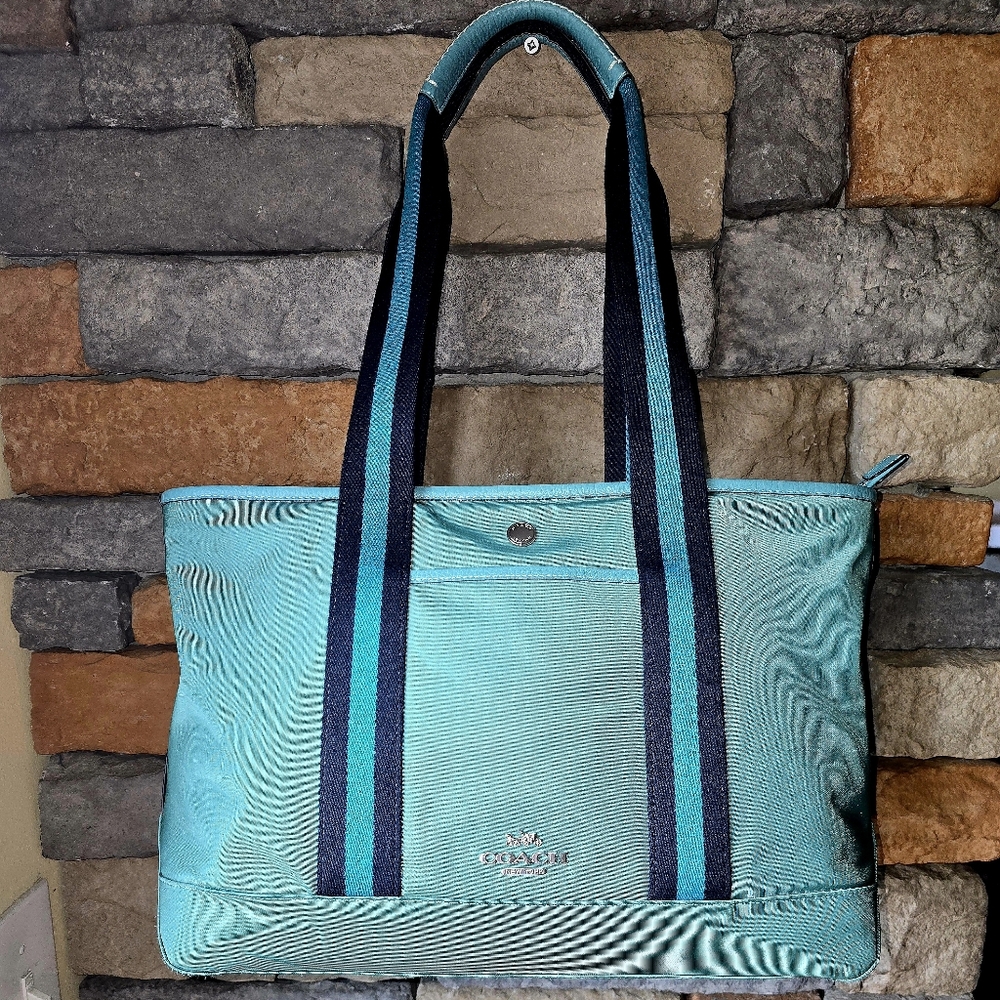 COACH CA208 Ellis Tote Bag Aqua Teal Nylon Navy Cotton Straps *please read*
